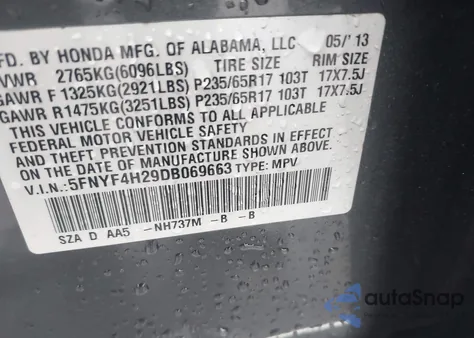 2013 Honda Pilot Lx из США, поврежденный, VIN 5FNYF4H29DB069663